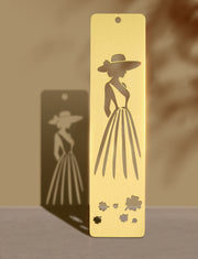 Elegant Brass Bookmark – Minimalist Line Art of Lady in Dress & Hat, Aesthetic Metal Page Marker for Women, Gifts for Readers, Book Lovers, Artists, and Writers (Cutout Silhouette)