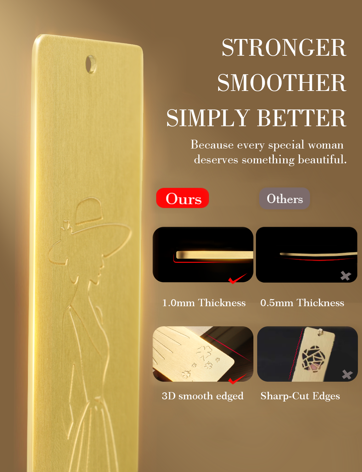 Elegant Brass Bookmark – Minimalist Line Art of Lady in Dress & Hat, Aesthetic Metal Page Marker for Women, Gifts for Readers, Book Lovers, Artists, and Writers (Embossed Silhouette)