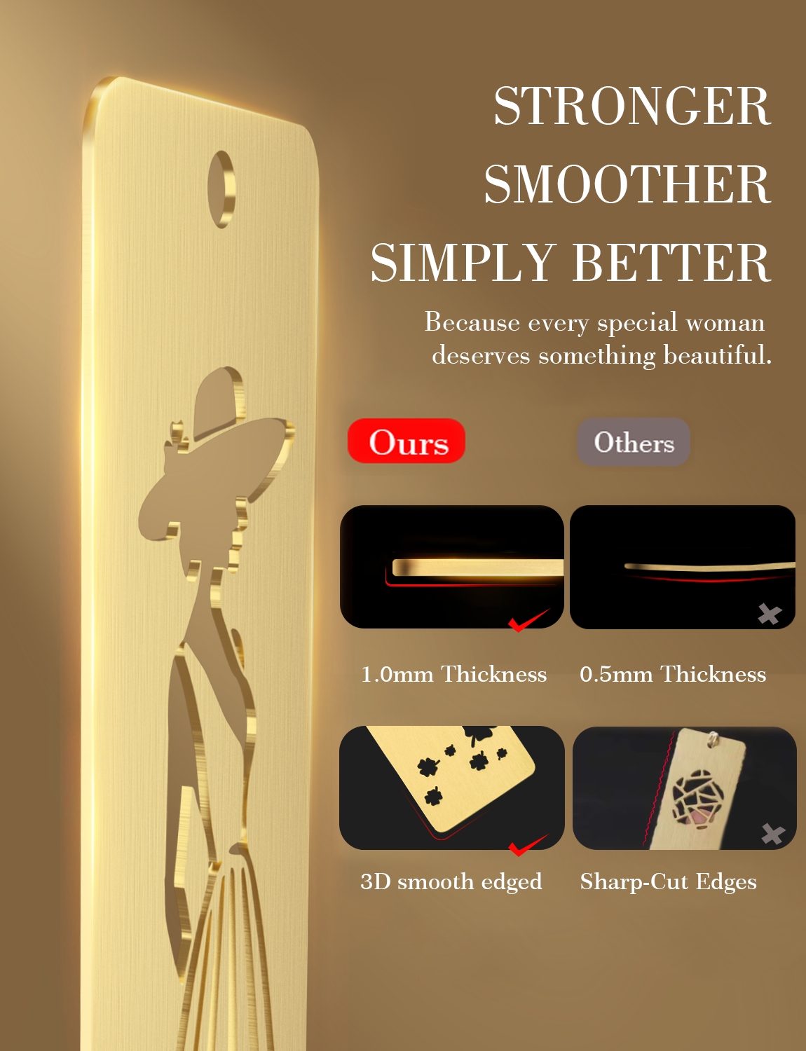 Elegant Brass Bookmark – Minimalist Line Art of Lady in Dress & Hat, Aesthetic Metal Page Marker for Women, Gifts for Readers, Book Lovers, Artists, and Writers (Cutout Silhouette)