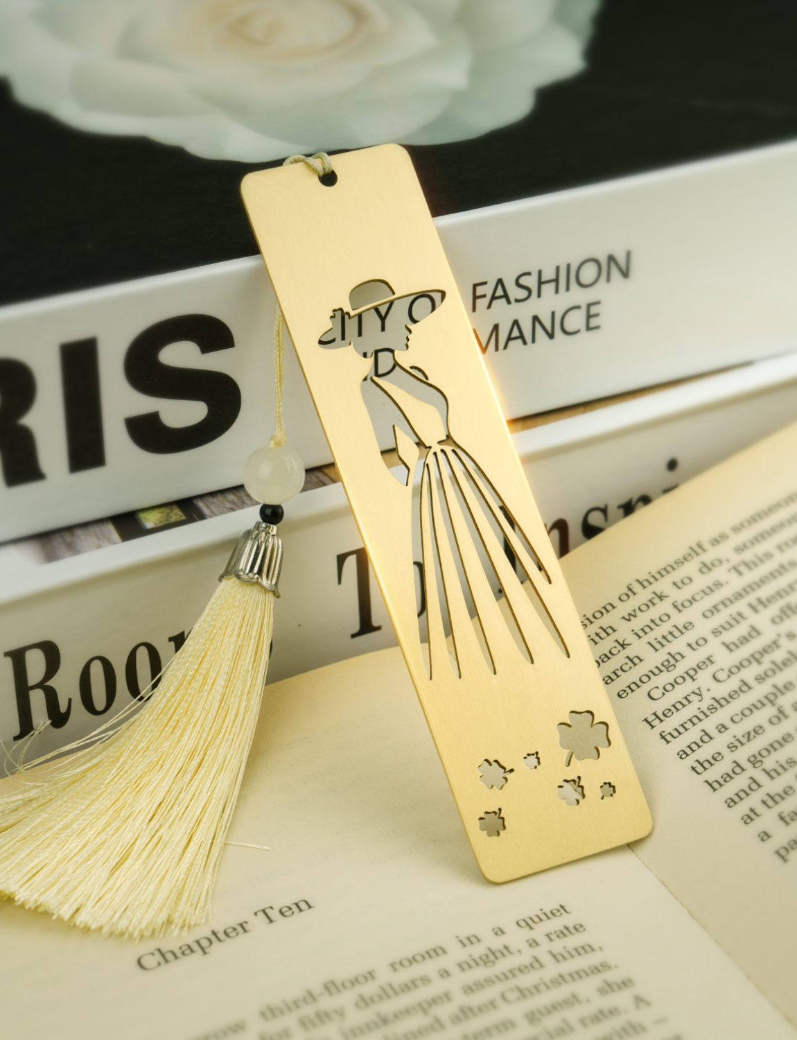 Elegant Brass Bookmark – Minimalist Line Art of Lady in Dress & Hat, Aesthetic Metal Page Marker for Women, Gifts for Readers, Book Lovers, Artists, and Writers (Cutout Silhouette)